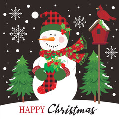 Christmas card design with cute snowman  stocking and bird