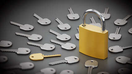 One golden key among many iron keys. 3D illustration - 792680028