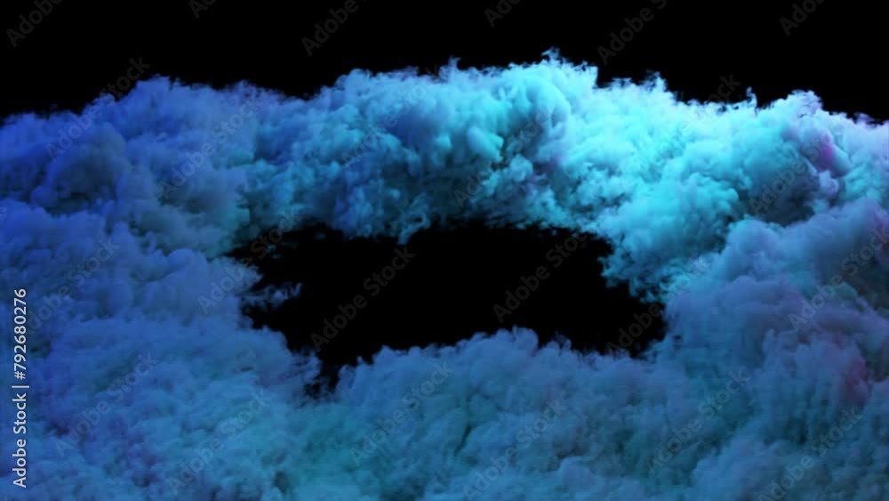 Poster 3d animation of abstract art with an explosive smoke structure with flashing neon light on an isolat