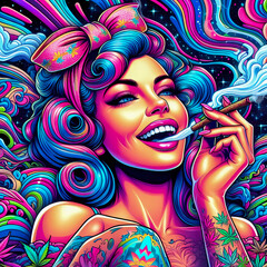 Digital art of a psychedelic classic smiling pin up girl smoking a blunt