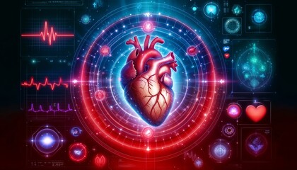 model human heart on digital screen. diagnostic future - obrazy, fototapety, plakaty