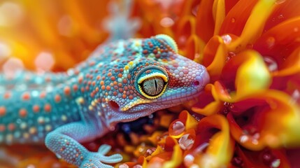 Macro shot of a gecko on a vibrant tropical flower