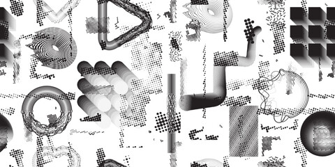 Glitch distorted grungy abstract forms . Cyber punk seamless pattern texture. Halftone dots .Futuristic background . Glitched shapes with dots and lines .Screen print endless pattern texture