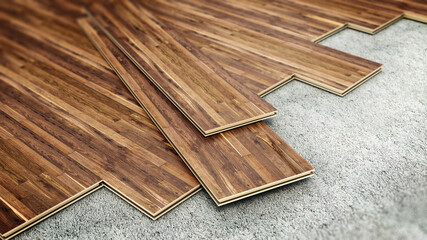 Laminated floor tiles installation. 3D illustration - 792681661
