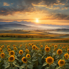 Obraz premium A field of sunflowers with mountains in the background. Horizon fields view