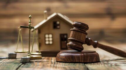 The image of a legal gavel resting on wood represents the intersection of homeownership and bankruptcy. This concept encapsulates legal matters related to homeownership, bankruptcy proceedings, and th - obrazy, fototapety, plakaty