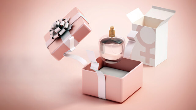 Perfume bottle inside elegant giftbox. 3D illustration