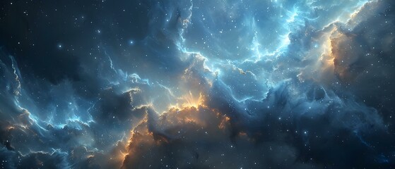 An abstract description of cosmic power and energy in a blue nebula. Concept Blue Nebula, Cosmic Power, Energetic Aura, Celestial Beauty, Infinite Universe