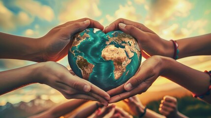 Unified human chain of diverse hands coming together to form a heart shape against a global backdrop. symbolizing worldwide unity Peace And humanitarian aid - obrazy, fototapety, plakaty