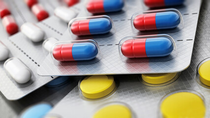 Stack of colorful pills in blister packs. 3D illustration - 792682070