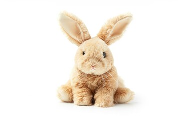 funny beige plush rabbit with big ears and funny face isolated on white background photo on white...