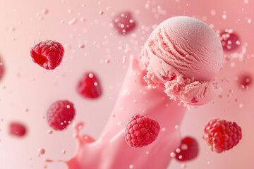 A lively and tempting image of raspberry-flavored ice cream scoops with fresh raspberries and splashes in mid-air, against a pink backdrop.