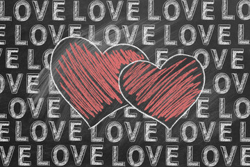 Hand drawn illustration of two hearts outlined in chalk and word LOVE is repeated throughout the image on a blackboard