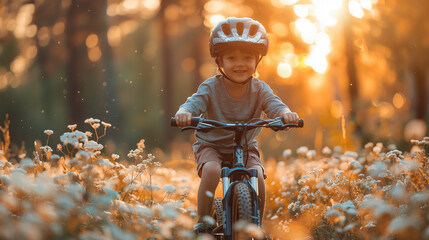 Cute little boy riding a bike in the autumn forest at sunset