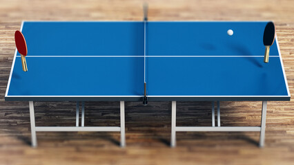 Table tennis table, rackets and ball on parquet floor. 3D illustration - 792682496