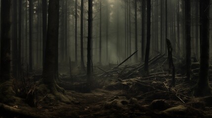 An Atmospherically Dark and Mysterious Forest Enveloped in Twilight Mist - obrazy, fototapety, plakaty