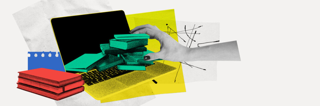 Hand putting books into laptop meaning modern usage of online libraries and resources instead of physical books. Contemporary art. Online education, e-learning, modern technologies and innovations