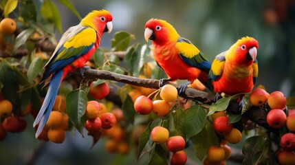 Three vibrant birds perched gracefully on a tree branch