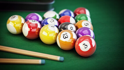 Pool or billiard balls and cue on green table cloth. 3D illustration - 792683235