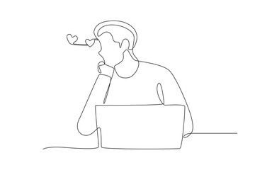 Man working in front of laptop thinking about his girlfriend. Love concept one-line drawing
