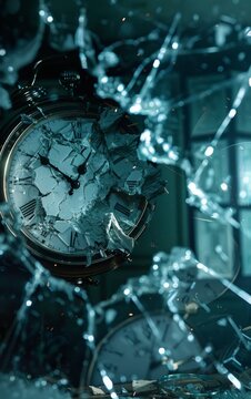 Detailed image of a shattered clock encapsulated in blue light strings, evoking a sense of lost time