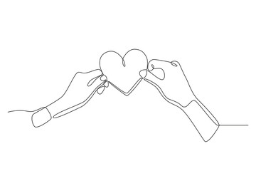 Two hands holding a picture of love. Love concept one-line drawing