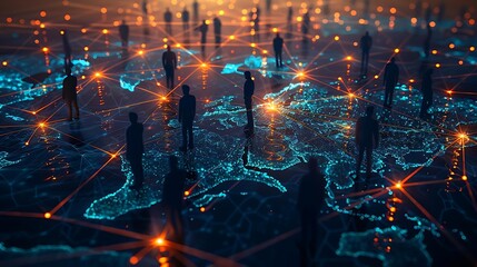 global connections and social network with a group of silhouetted figures standing on a map of the world.