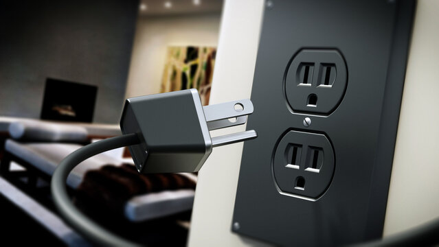 USA type AC power plug and socket on the wall. 3D illustration