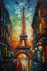 Impressionistic Eiffel Tower, painted poster. Bright colorful illustration
