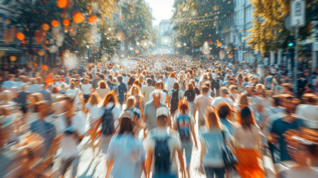 Large Crowd Walking Down Street