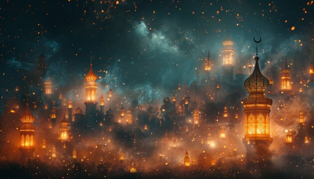 An enchanting image capturing the magic of an Arabian cityscape under a starlit sky exuding mystic and tradition