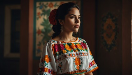 beautiful hispanic young woman wearing traditional mexican clothing huipil from Generative AI