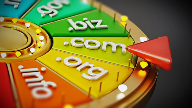 Domain name extensions on prize wheel. 3D illustration