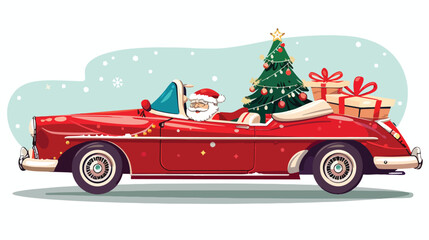 Vintage red cabriolet with santa claus christmas tree