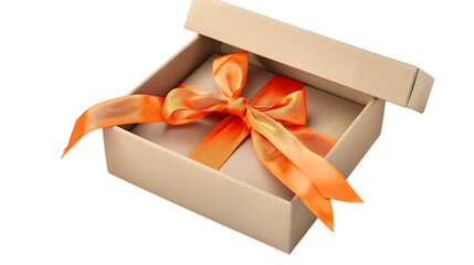 An open gift box with an orange ribbon on a white background