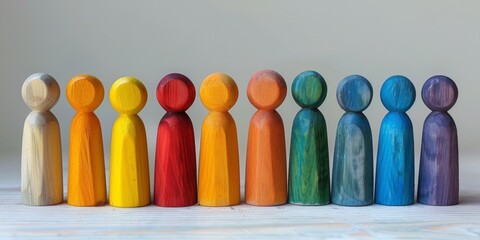 Small wooden figurines of different colors imitating people. Generative AI
