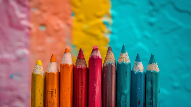 A row of colored pencils against a colorful background.