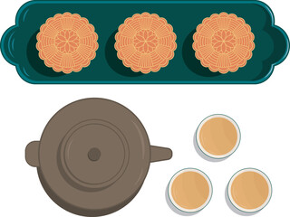 Moon Cake Traditional Dessert and Tea Cup Teapot Illustration Graphic Element Art Card