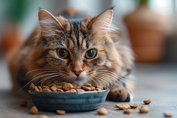 Cute cat eating out of bowl on floor against background. Domestic animals. Close up.