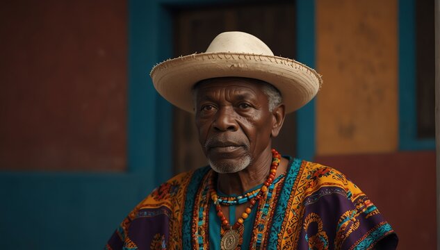 handsome african elderly man wearing traditional mexican clothing huipil from Generative AI