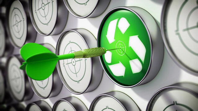 Green dart needle hit at the center of the target with recycle symbol. 3D illustration