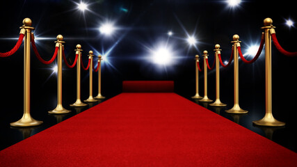 Night illuminated with flashlights, red carpet and velvet ropes 3D illustration - 792687275