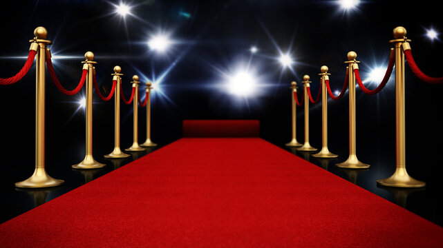 Night illuminated with flashlights, red carpet and velvet ropes 3D illustration