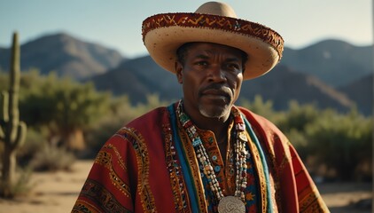 handsome african middleaged man wearing traditional mexican clothing huipil from Generative AI - obrazy, fototapety, plakaty