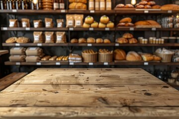 Empty wooden table top in blurred background of department store with bread and bakery products. Space for product display.