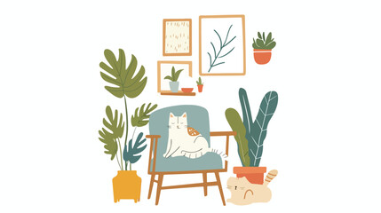 Comfortable chair with cat paintings and house plants