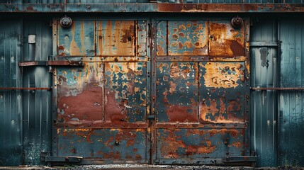 A large blue metal door is set in a blue-grey concrete wall. The door is rusty and has a large metal handle. There is a round window above the door.
