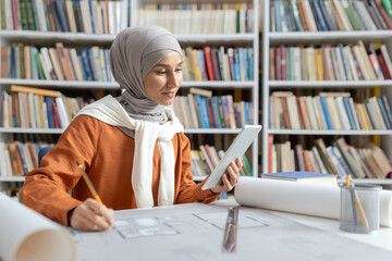 A young female architect wears a hijab while focusing on her project designs using a digital tablet in a library setting, surrounded by books.