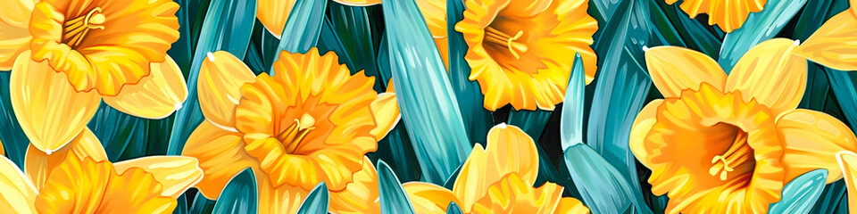 Seamless pattern Daffodil Delight: Use acrylics to paint delightful daffodil flowers, capturing their bright yellow petals and cheerful demeanor in an endearing pattern. - obrazy, fototapety, plakaty