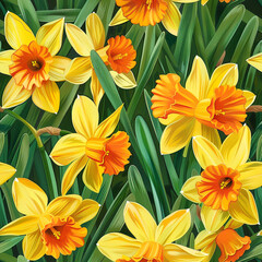 Fototapeta premium Seamless pattern Daffodil Delight: Use acrylics to paint delightful daffodil flowers, capturing their bright yellow petals and cheerful demeanor in an endearing pattern.